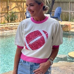 Pink! Football Sparkle Puff Sleeve Sweater!